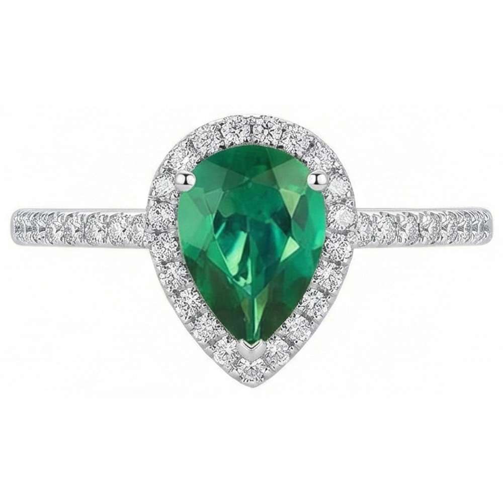 Anello Di Pietra Preziosa Verde Smeraldo Pera Oro Bianco 14K 5.35 Carati