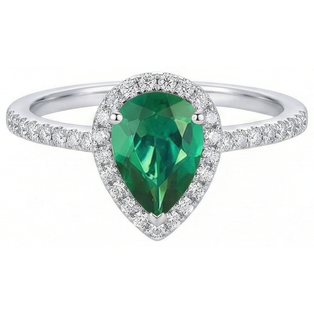 Anello Di Pietra Preziosa Verde Smeraldo Pera Oro Bianco 14K 5.35 Carati