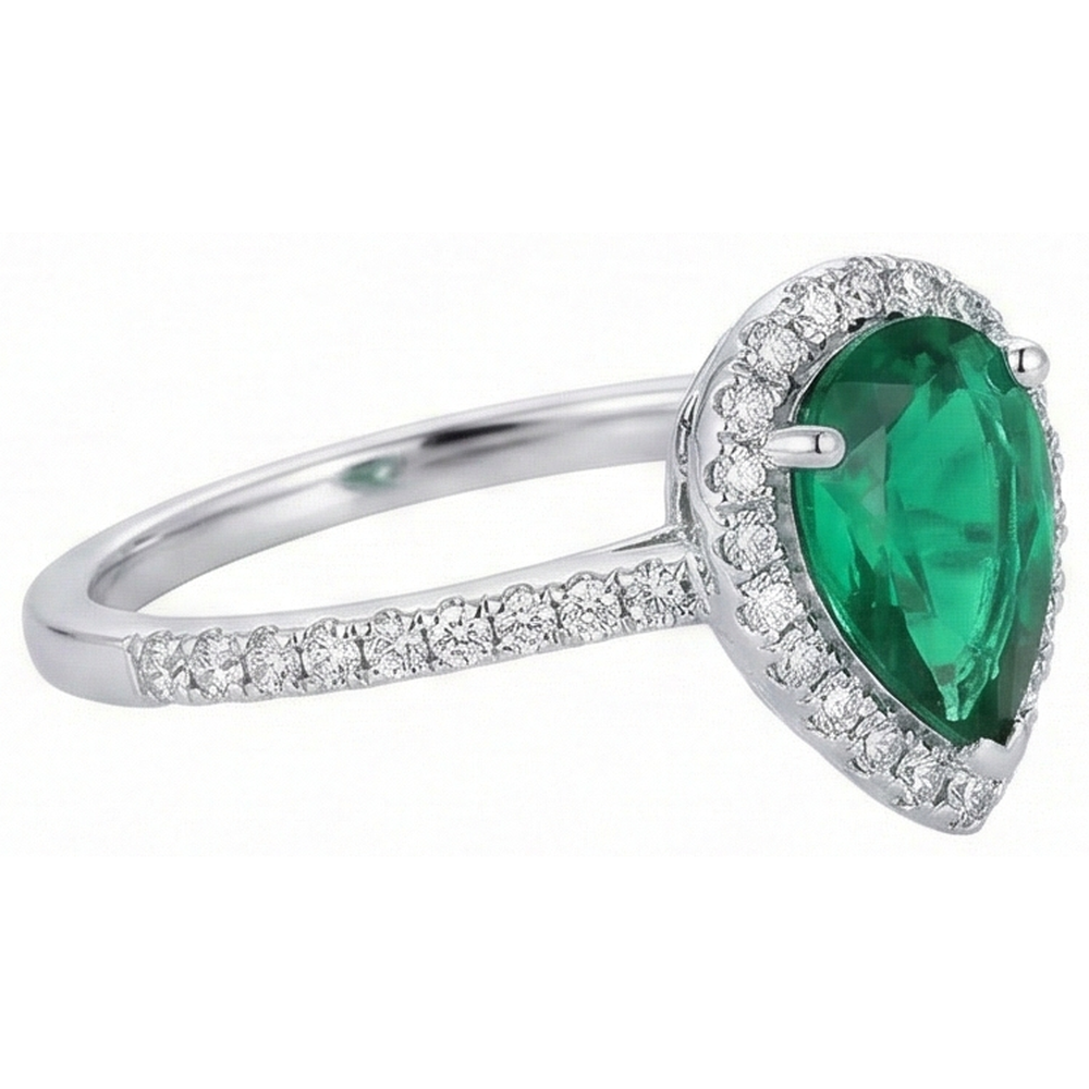 Anello Di Pietra Preziosa Verde Smeraldo Pera Oro Bianco 14K 5.35 Carati