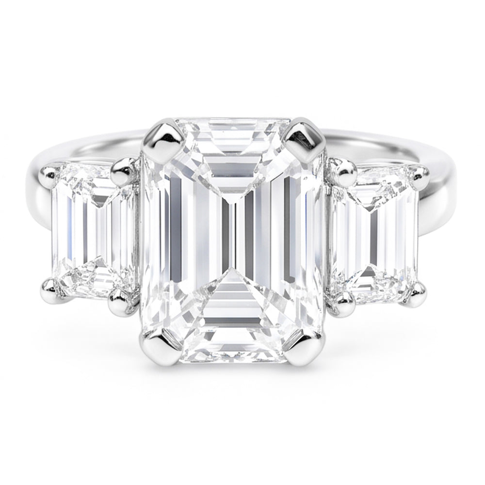 Anello Di Vero Diamanti Naturali Autentici ( non creati in laboratorio ) Smeraldo 8 Carati Con Tre Pietre Oro Bianco 14K Nuovo
