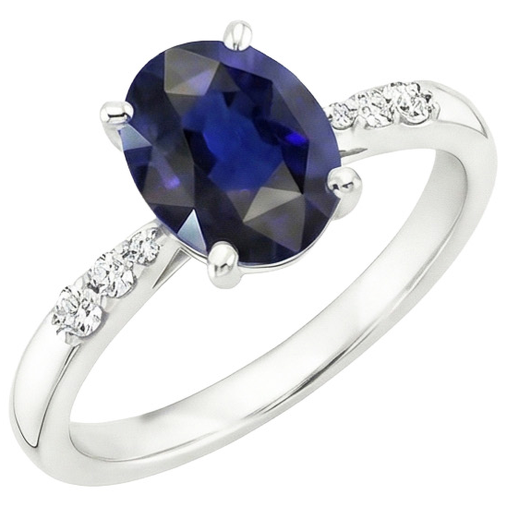 Anello Donna Oro Bianco Zaffiro Blu Ovale & Diamanti Naturali Autentici ( non creati in laboratorio ) Rotondi 3.50 Carati