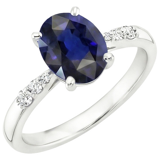 Anello Donna Oro Bianco Zaffiro Blu Ovale & Diamanti Naturali Autentici ( non creati in laboratorio ) Rotondi 3.50 Carati