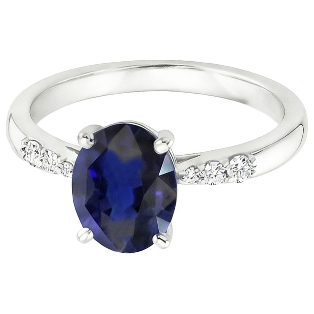 Anello Donna Oro Bianco Zaffiro Blu Ovale & Diamanti Naturali Autentici ( non creati in laboratorio ) Rotondi 3.50 Carati
