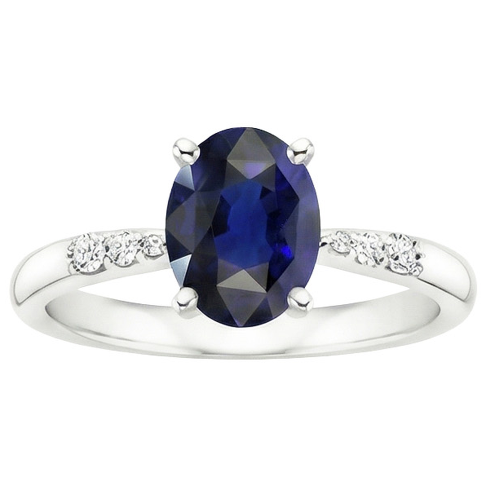 Anello Donna Oro Bianco Zaffiro Blu Ovale & Diamanti Naturali Autentici ( non creati in laboratorio ) Rotondi 3.50 Carati