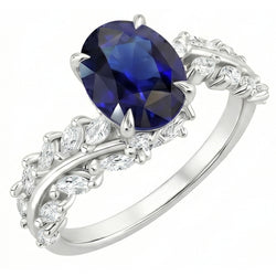 Anello Donna Oro Zaffiro Ceylon Ovale Con Diamanti Naturali Autentici ( non creati in laboratorio ) Marquise 4 Carati