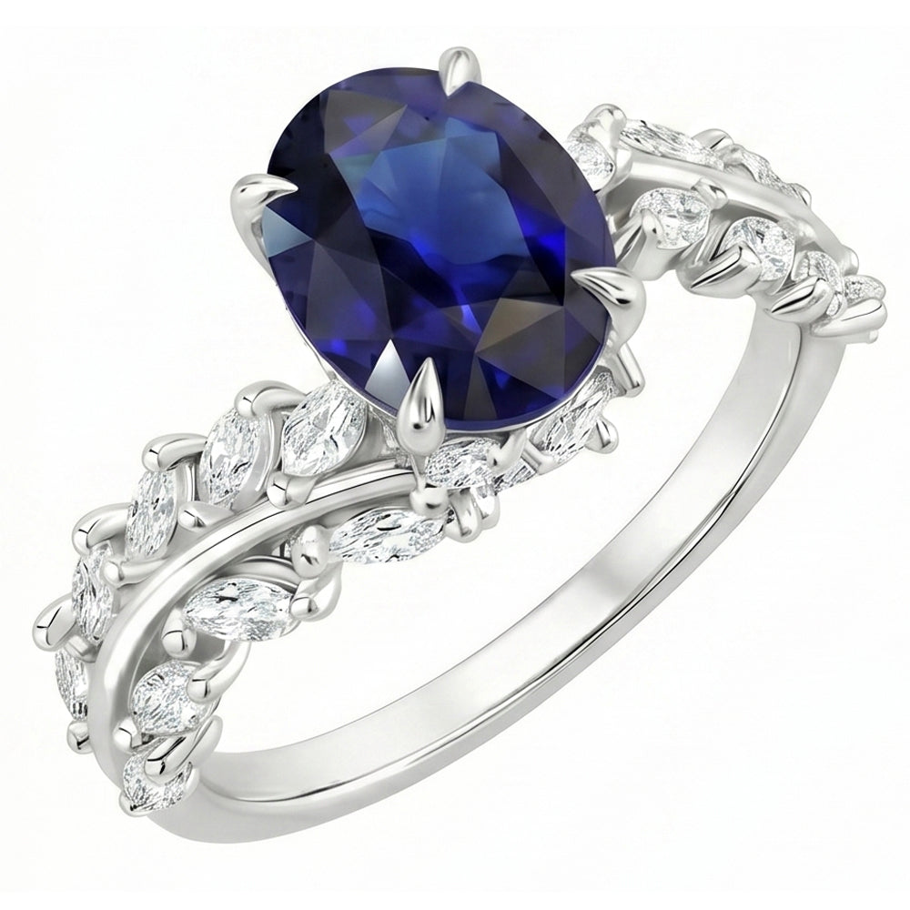 Anello Donna Oro Zaffiro Ceylon Ovale Con Diamanti Naturali Autentici ( non creati in laboratorio ) Marquise 4 Carati