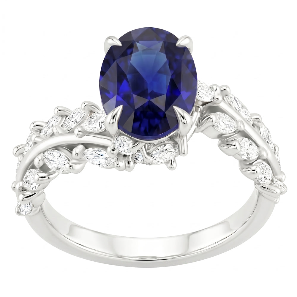 Anello Donna Oro Zaffiro Ceylon Ovale Con Diamanti Naturali Autentici ( non creati in laboratorio ) Marquise 4 Carati