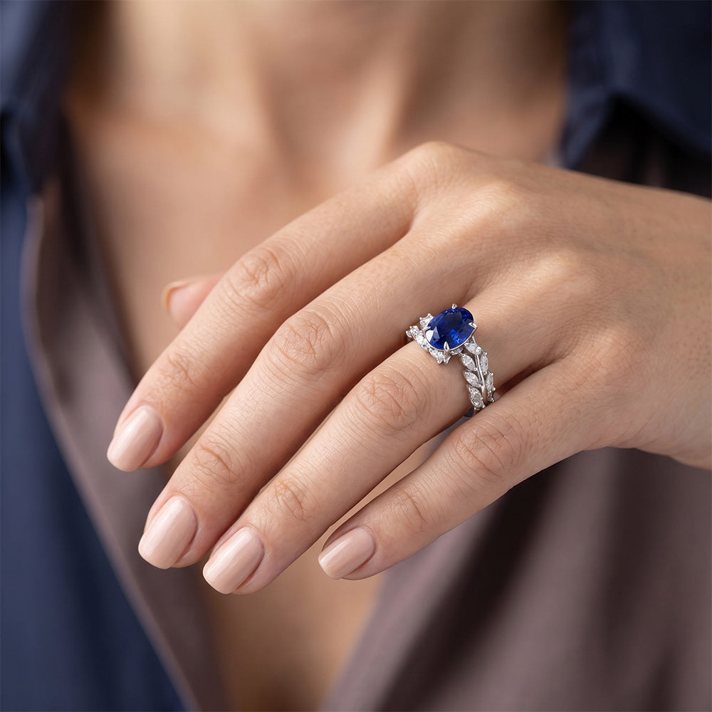 Anello Donna Oro Zaffiro Ceylon Ovale Con Diamanti Naturali Autentici ( non creati in laboratorio ) Marquise 4 Carati