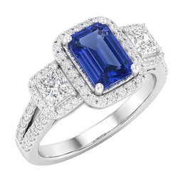 Anello Doppio Taglio Smeraldo Halo Zaffiro Ceylon 4.50 Carati Gambo Spaccato