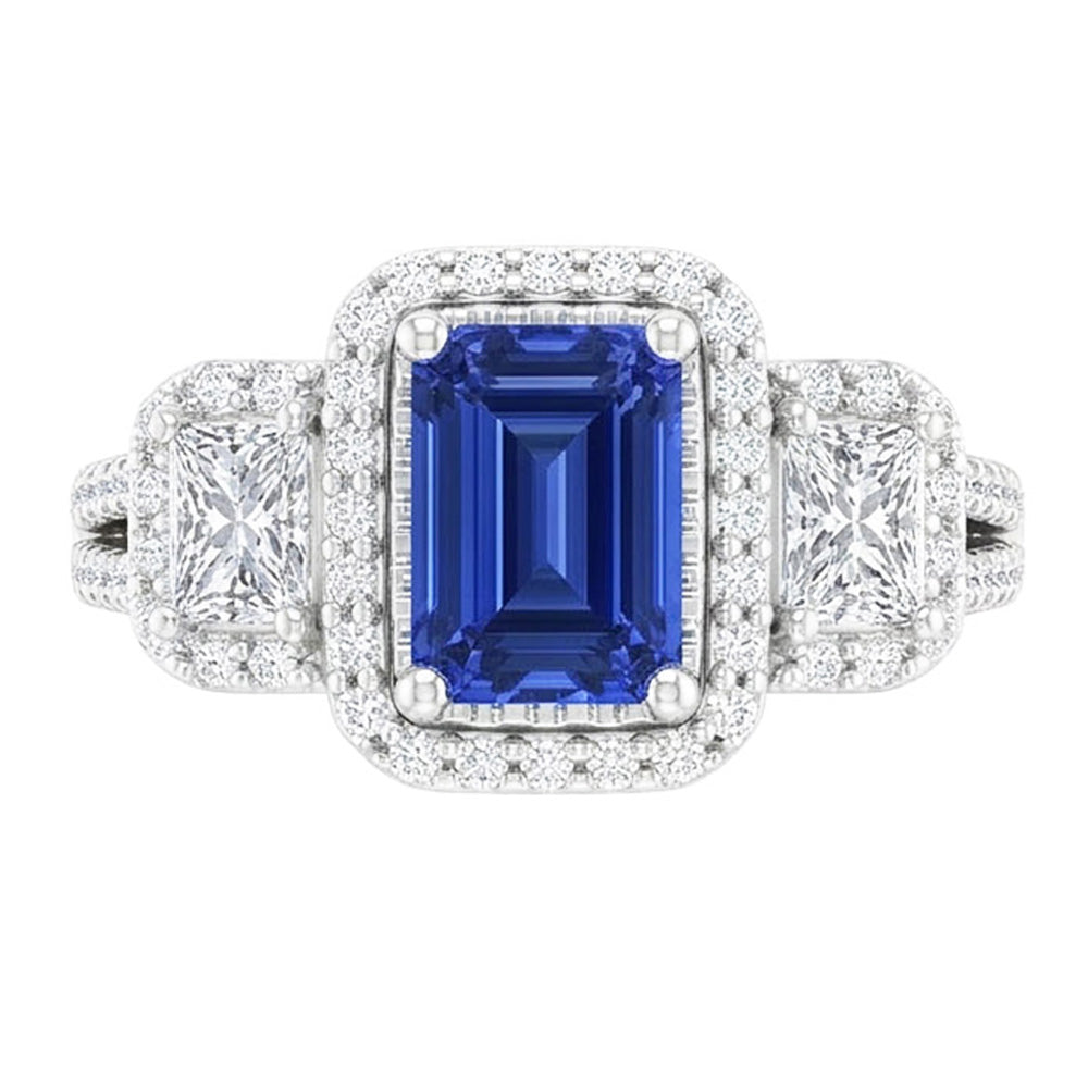 Anello Doppio Taglio Smeraldo Halo Zaffiro Ceylon 4.50 Carati Gambo Spaccato