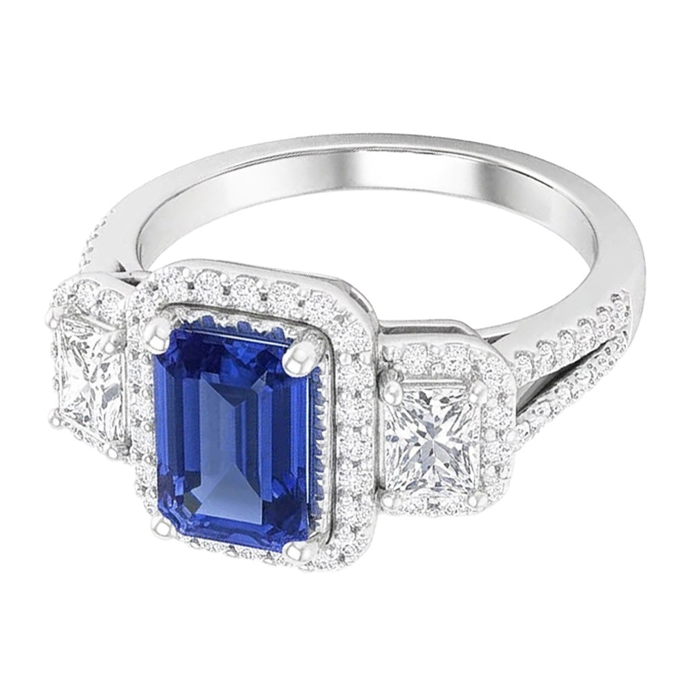 Anello Doppio Taglio Smeraldo Halo Zaffiro Ceylon 4.50 Carati Gambo Spaccato