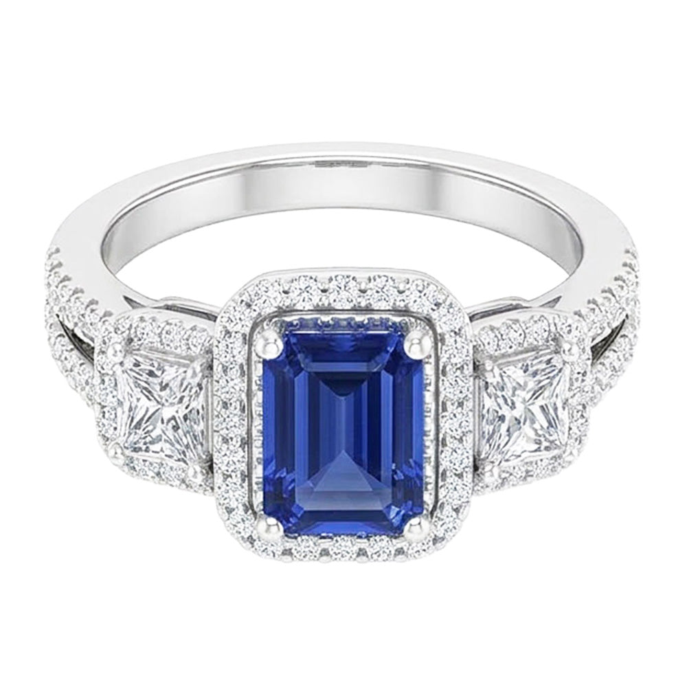 Anello Doppio Taglio Smeraldo Halo Zaffiro Ceylon 4.50 Carati Gambo Spaccato