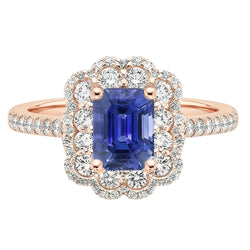 Anello Double Halo Smeraldo Zaffiro Sri Lanka e Diamante 5 Carati