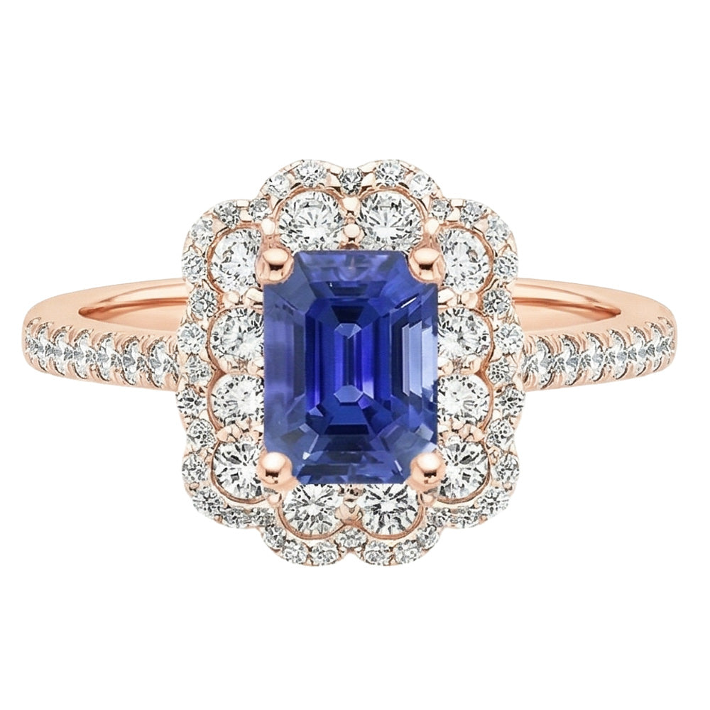 Anello Double Halo Smeraldo Zaffiro Sri Lanka e Diamante 5 Carati