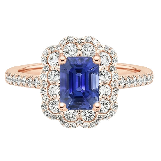 Anello Double Halo Smeraldo Zaffiro Sri Lanka e Diamante 5 Carati