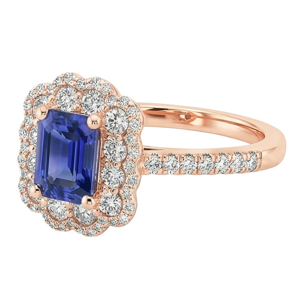 Anello Double Halo Smeraldo Zaffiro Sri Lanka e Diamante 5 Carati