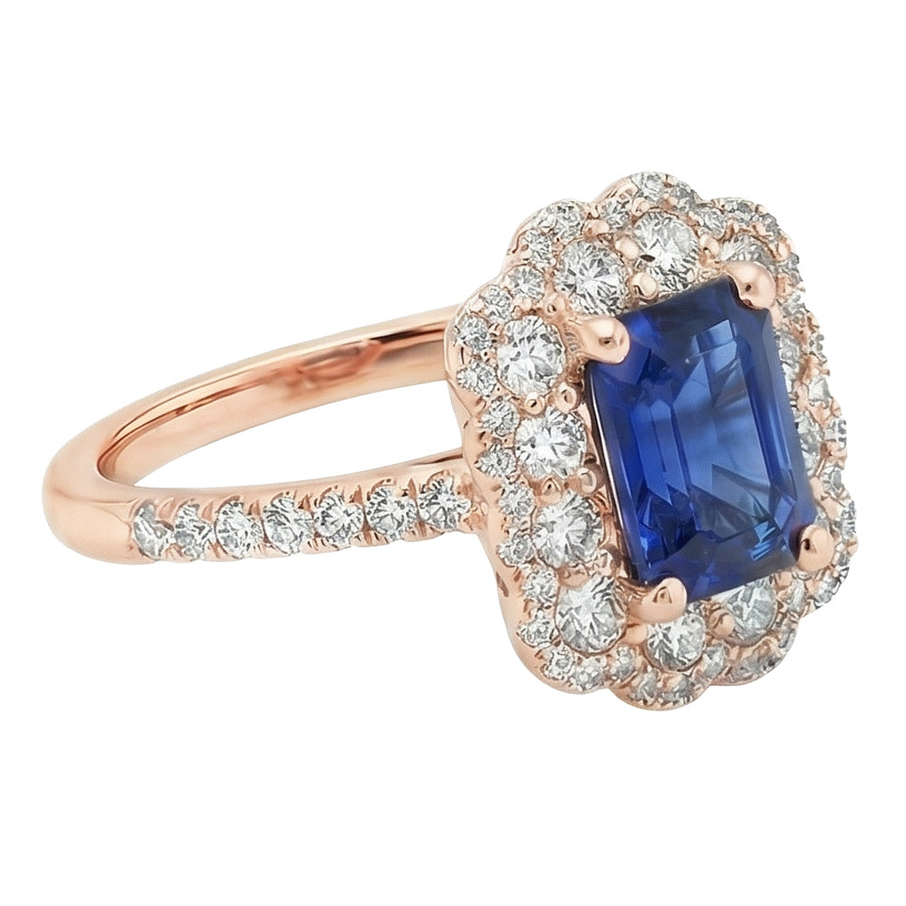 Anello Double Halo Smeraldo Zaffiro Sri Lanka e Diamante 5 Carati