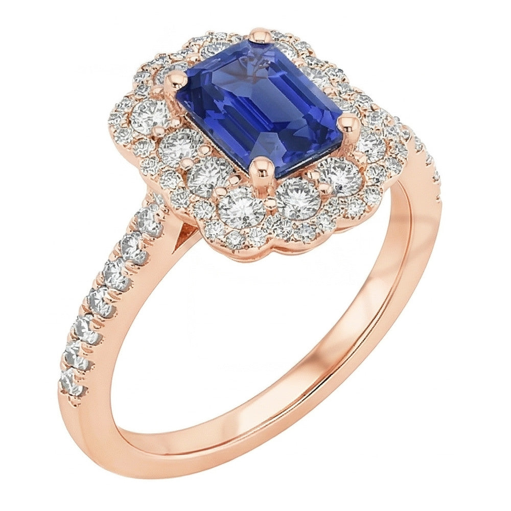 Anello Double Halo Smeraldo Zaffiro Sri Lanka e Diamante 5 Carati