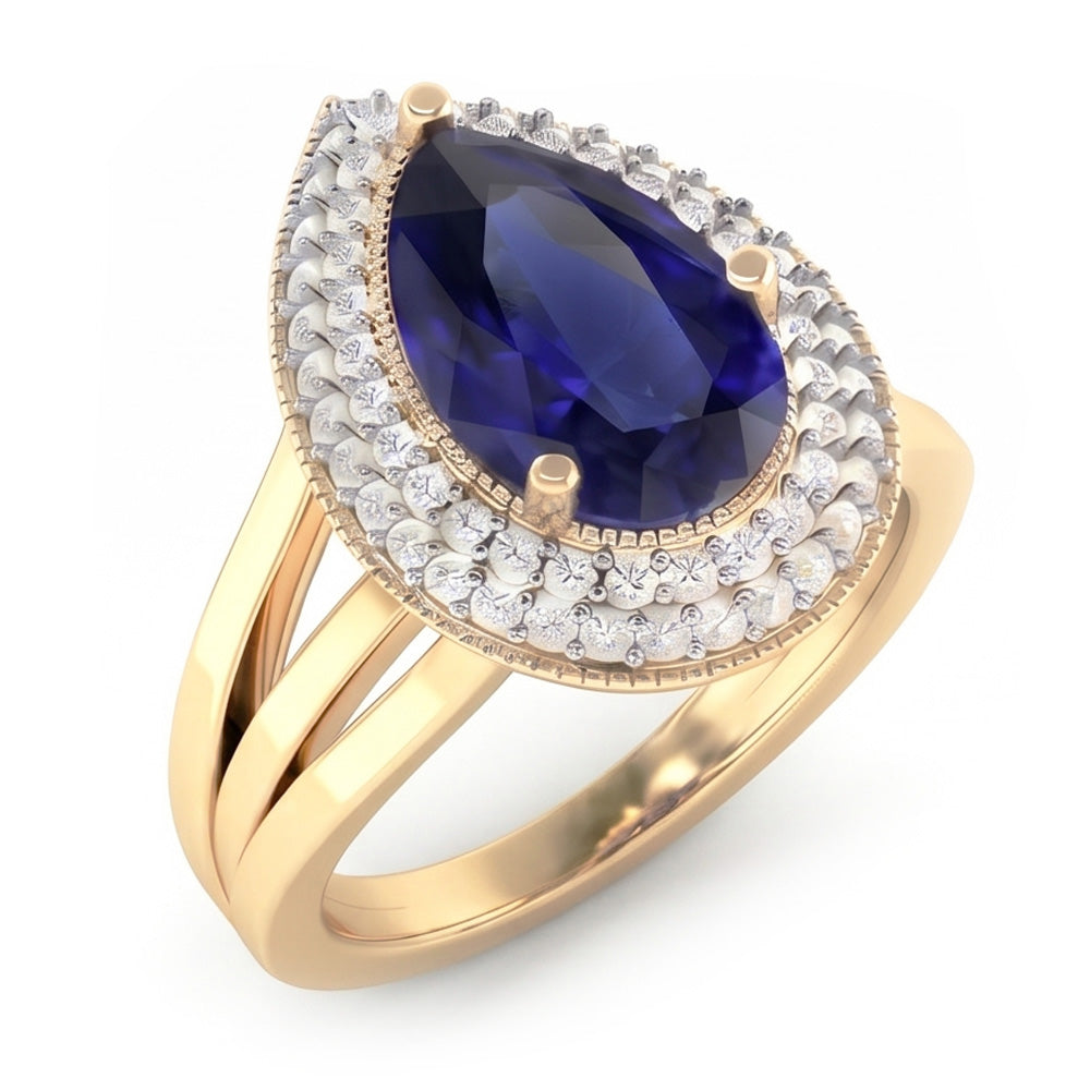 Anello Double Halo Triplo gambo Zaffiro Ceylon & Diamanti Naturali Autentici ( non creati in laboratorio ) 4 Carati