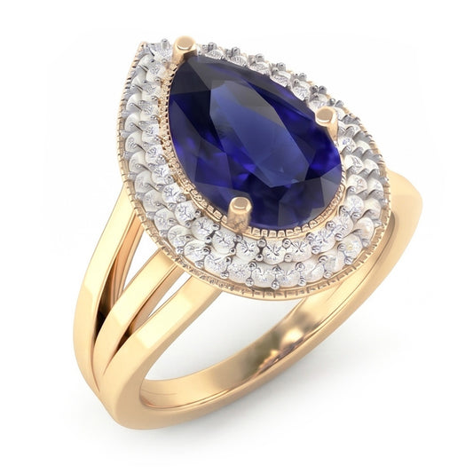 Anello Double Halo Triplo gambo Zaffiro Ceylon & Diamanti Naturali Autentici ( non creati in laboratorio ) 4 Carati