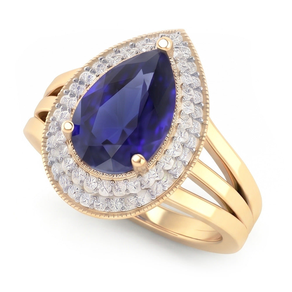 Anello Double Halo Triplo gambo Zaffiro Ceylon & Diamanti Naturali Autentici ( non creati in laboratorio ) 4 Carati