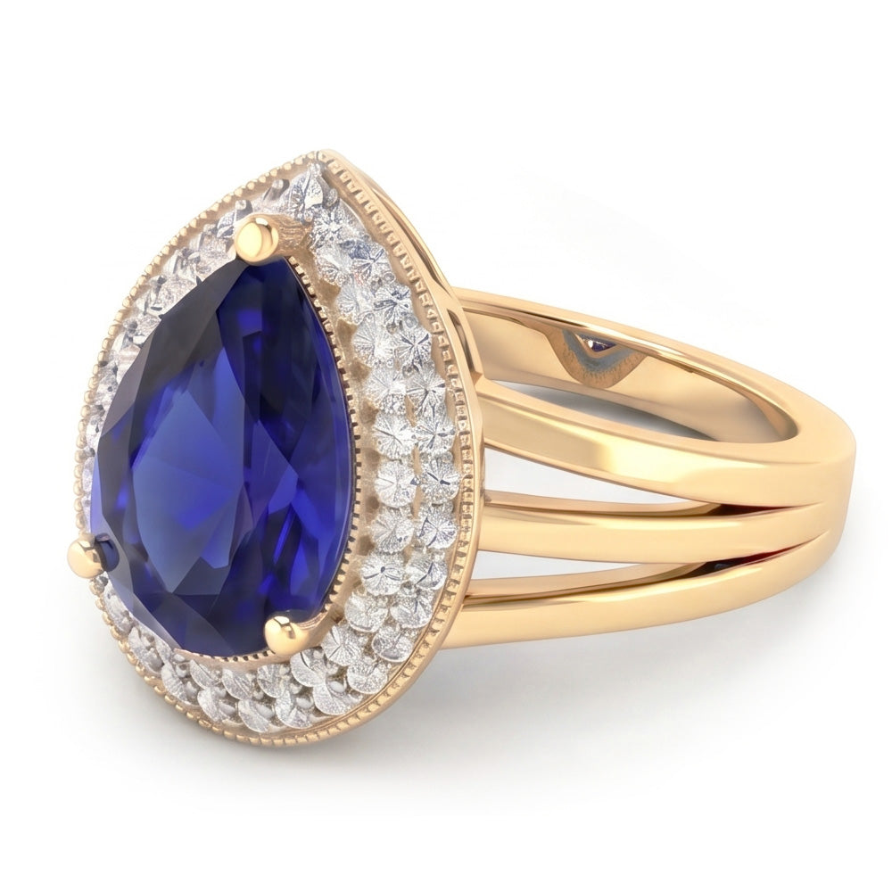 Anello Double Halo Triplo gambo Zaffiro Ceylon & Diamanti Naturali Autentici ( non creati in laboratorio ) 4 Carati