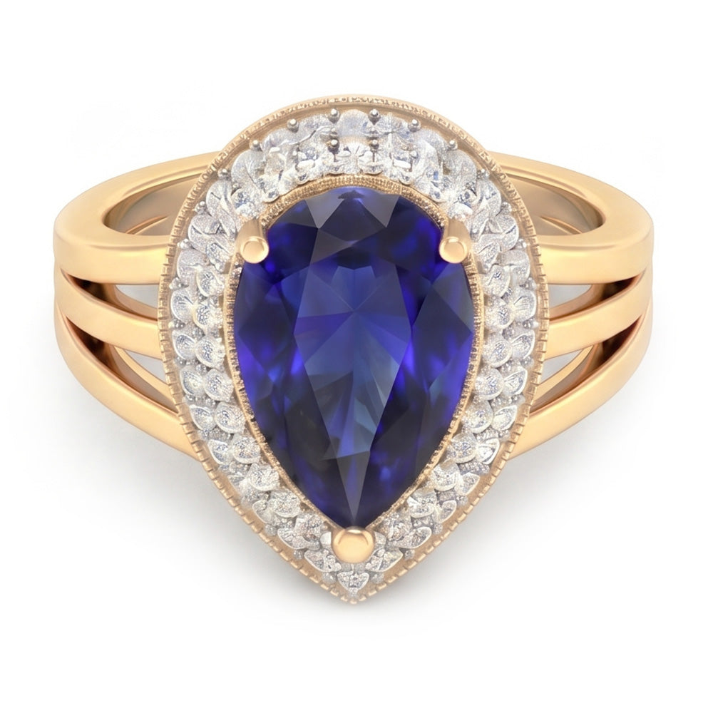 Anello Double Halo Triplo gambo Zaffiro Ceylon & Diamanti Naturali Autentici ( non creati in laboratorio ) 4 Carati