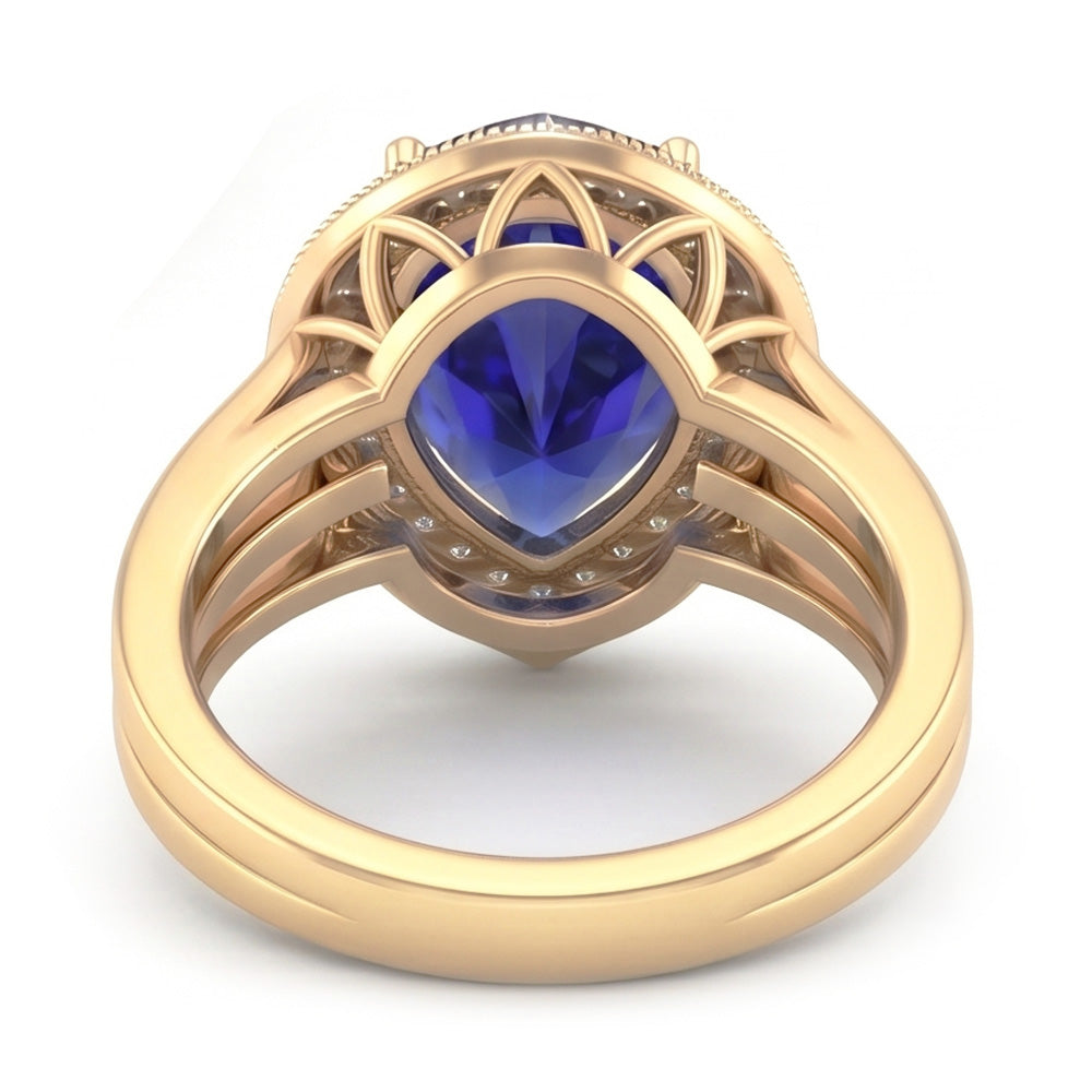 Anello Double Halo Triplo gambo Zaffiro Ceylon & Diamanti Naturali Autentici ( non creati in laboratorio ) 4 Carati