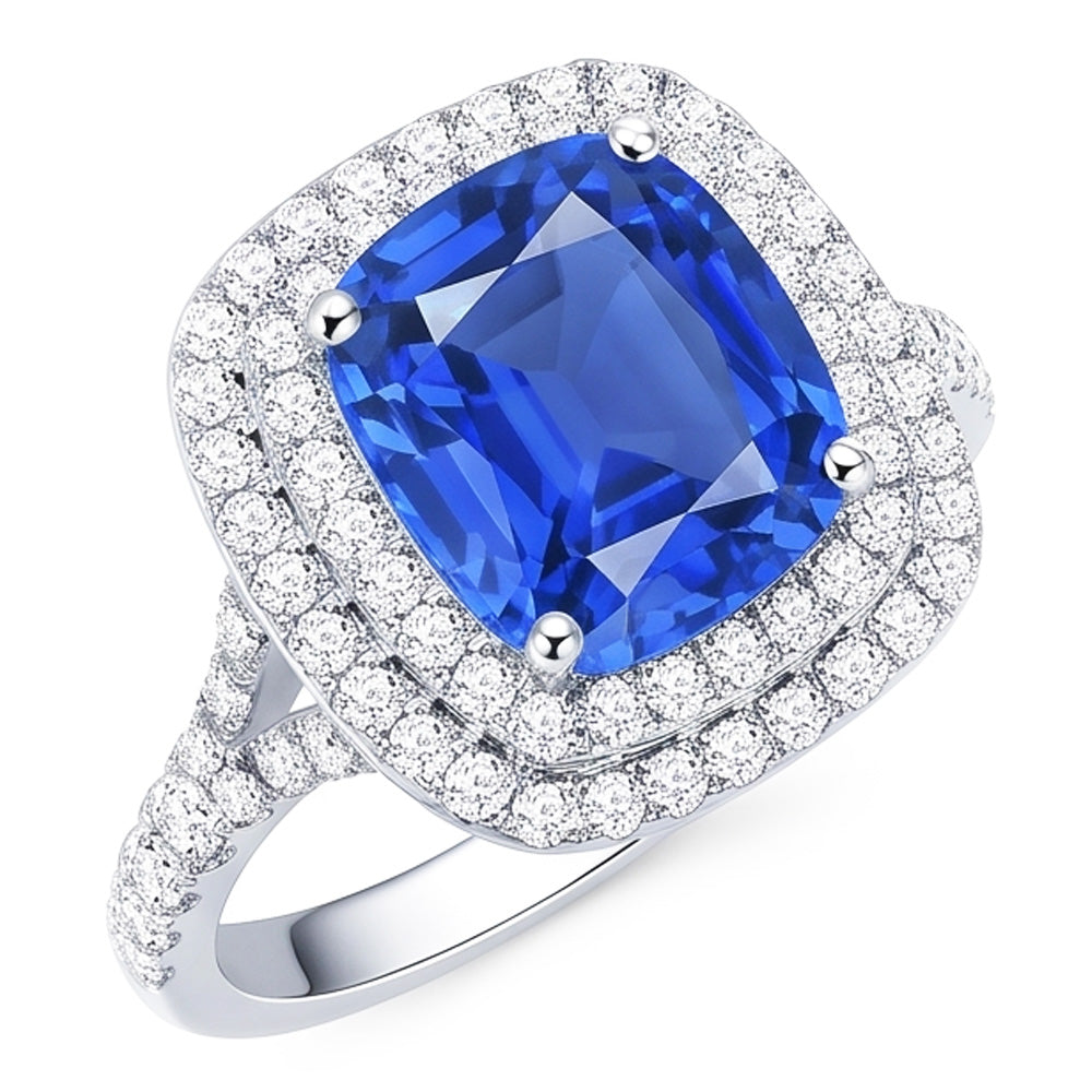 Anello Double Halo Zaffiro Ceylon Ovale 4 Carati Diamond Split Shank