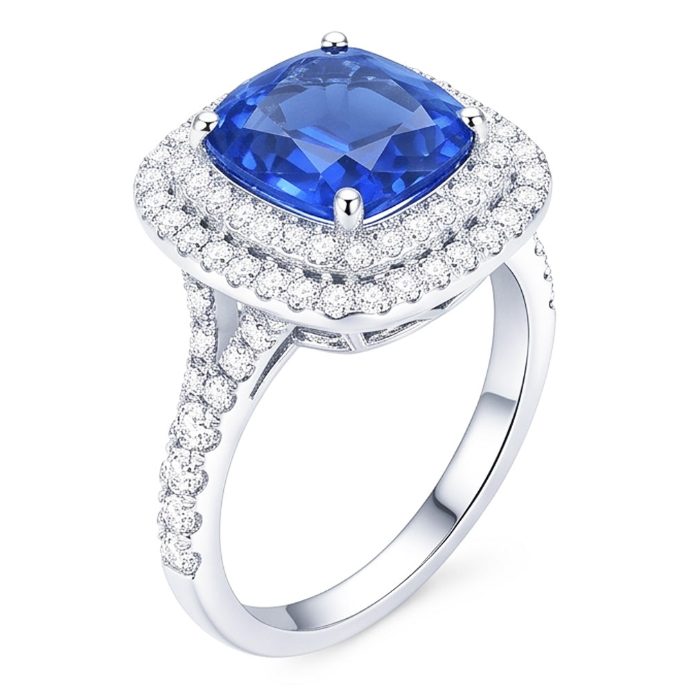 Anello Double Halo Zaffiro Ceylon Ovale 4 Carati Diamond Split Shank