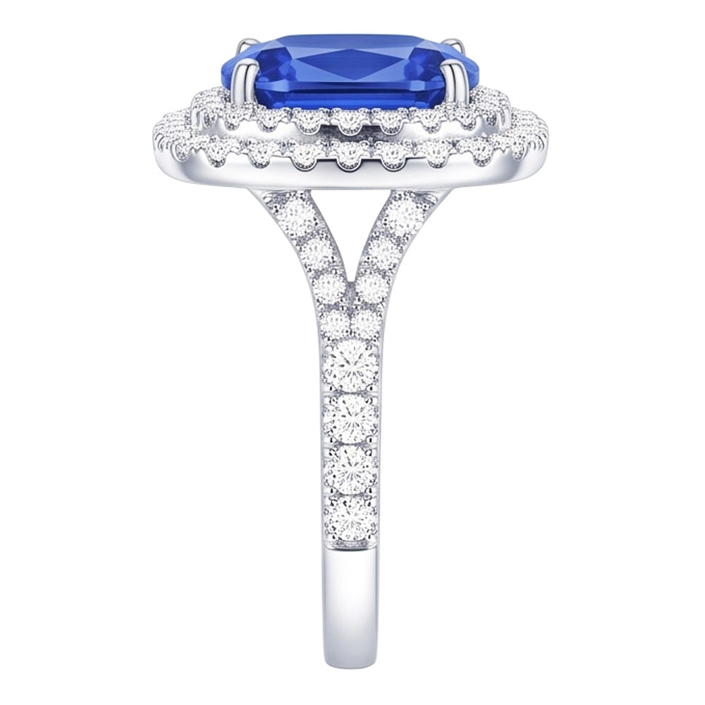Anello Double Halo Zaffiro Ceylon Ovale 4 Carati Diamond Split Shank