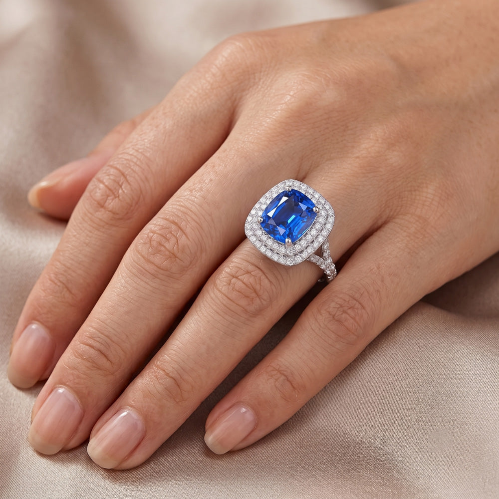 Anello Double Halo Zaffiro Ceylon Ovale 4 Carati Diamond Split Shank