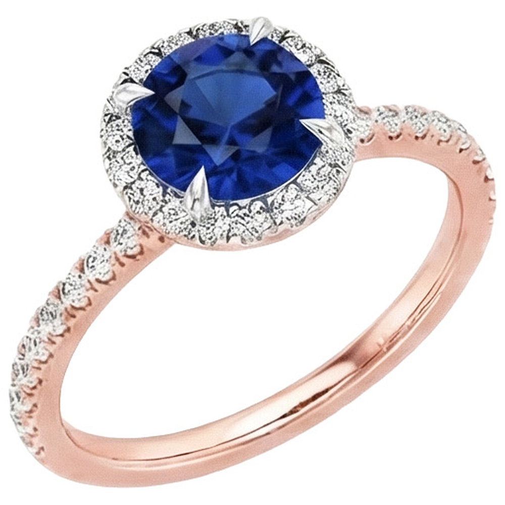 Anello Due Toni Zaffiro Blu Halo Diamante Set Di Griffe