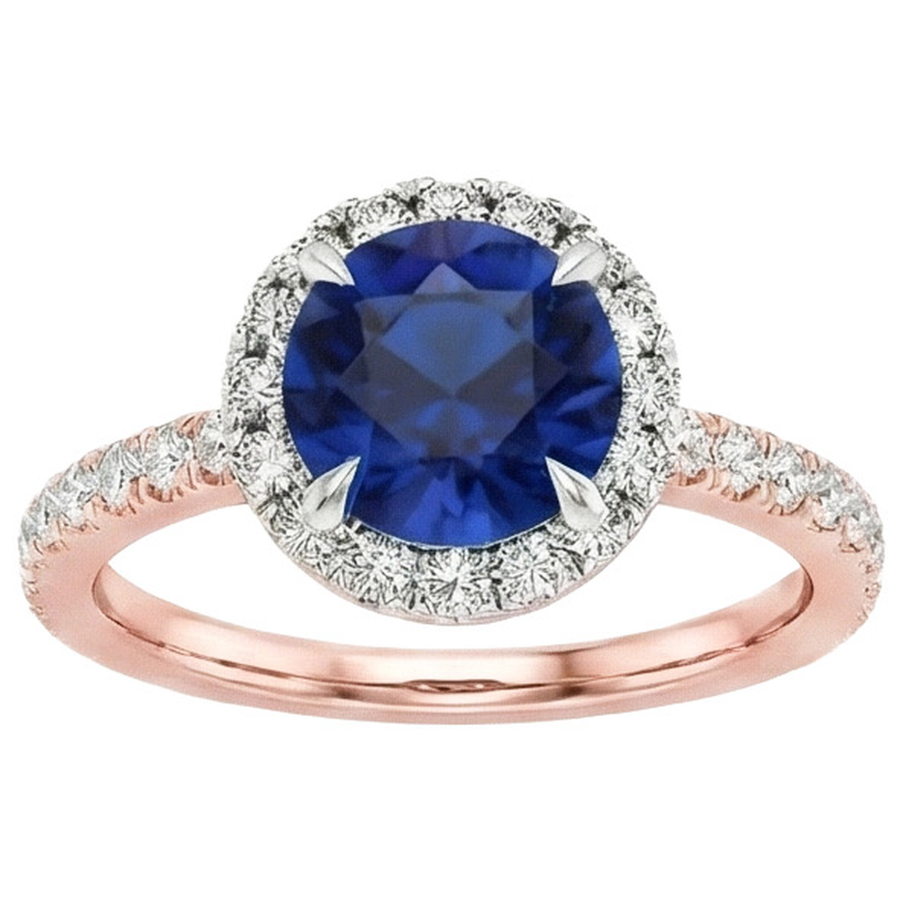 Anello Due Toni Zaffiro Blu Halo Diamante Set Di Griffe