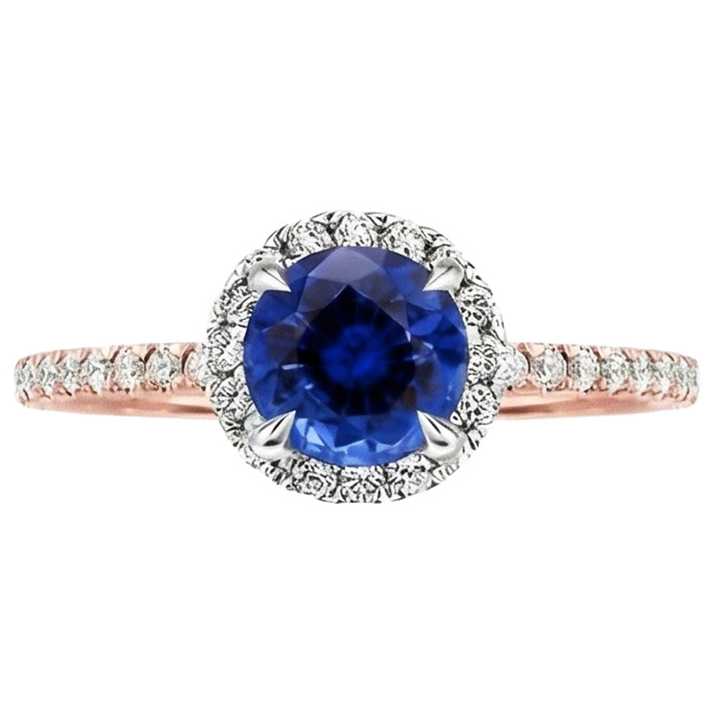 Anello Due Toni Zaffiro Blu Halo Diamante Set Di Griffe
