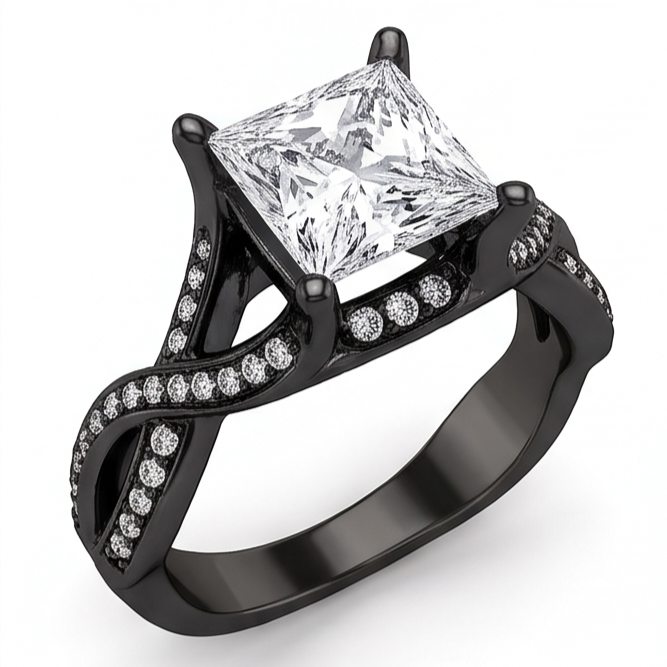 Anello Fantasia Principessa E Genuino Diamante Naturale Autentico ( non creato in laboratorio ) Rotondo Da 2,75 Carati In Oro Nero 14K