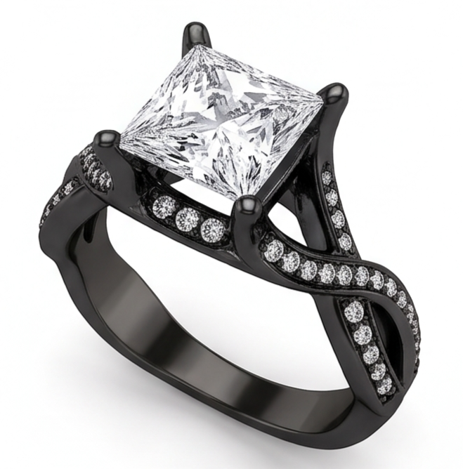 Anello Fantasia Principessa E Genuino Diamante Naturale Autentico ( non creato in laboratorio ) Rotondo Da 2,75 Carati In Oro Nero 14K