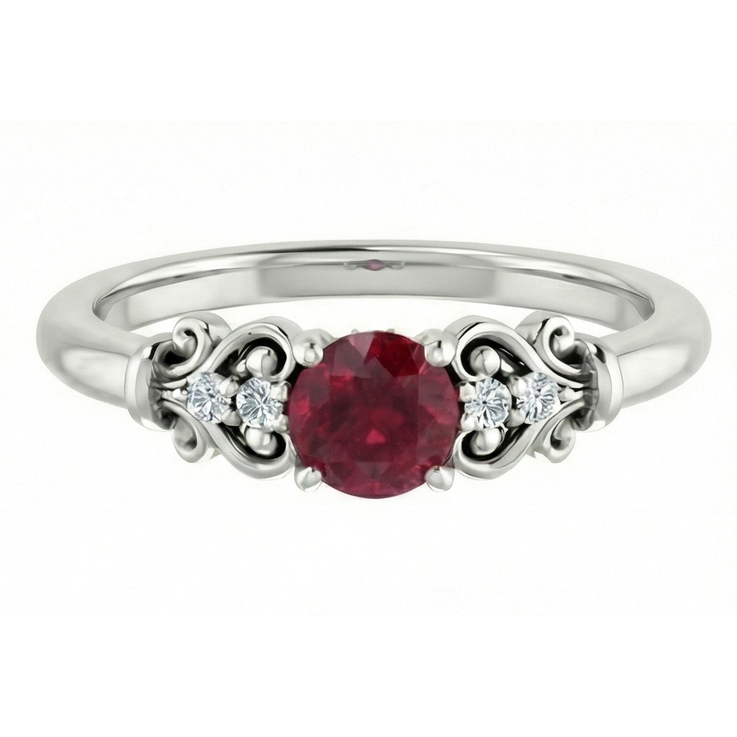 Anello Fantasia Rubino Rotondo Diamante Naturale Autentico ( non creato in laboratorio ) 1.40 Carati Oro Bianco 14K
