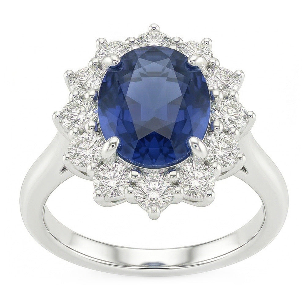 Anello Fantasia con Zaffiro Ovale E Diamante Naturale Autentico ( non creato in laboratorio ) 1.55 Carati Oro Bianco 14K