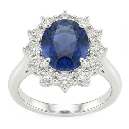 Anello Fantasia con Zaffiro Ovale E Diamante Naturale Autentico ( non creato in laboratorio ) 1.55 Carati Oro Bianco 14K