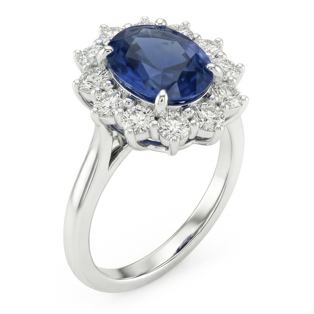Anello Fantasia con Zaffiro Ovale E Diamante Naturale Autentico ( non creato in laboratorio ) 1.55 Carati Oro Bianco 14K