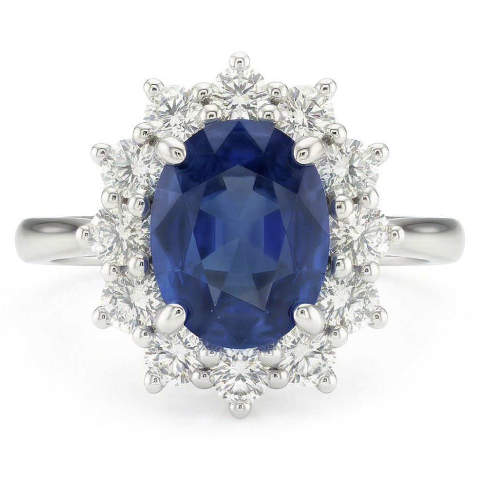 Anello Fantasia con Zaffiro Ovale E Diamante Naturale Autentico ( non creato in laboratorio ) 1.55 Carati Oro Bianco 14K