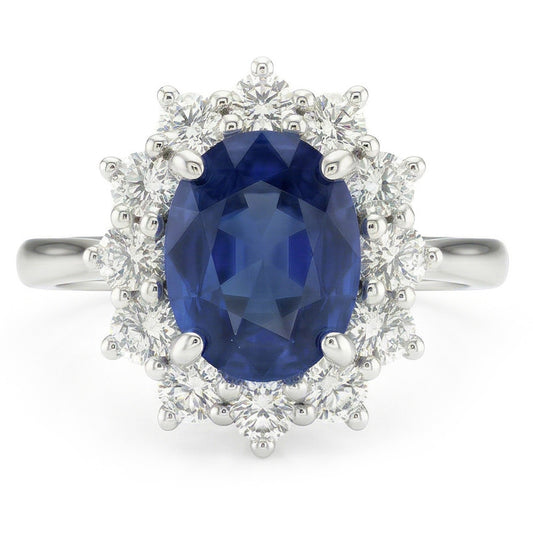Anello Fantasia con Zaffiro Ovale E Diamante Naturale Autentico ( non creato in laboratorio ) 1.55 Carati Oro Bianco 14K