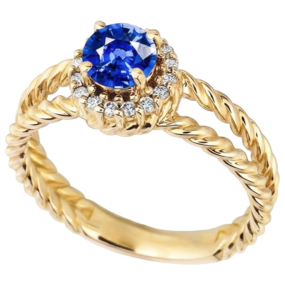 Anello Fantasia con Zaffiro Rotondo E Diamanti Naturali Autentici ( non creati in laboratorio ) Oro Giallo 2 Carati 14K