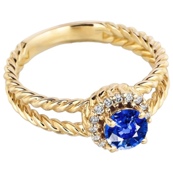 Anello Fantasia con Zaffiro Rotondo E Diamanti Naturali Autentici ( non creati in laboratorio ) Oro Giallo 2 Carati 14K
