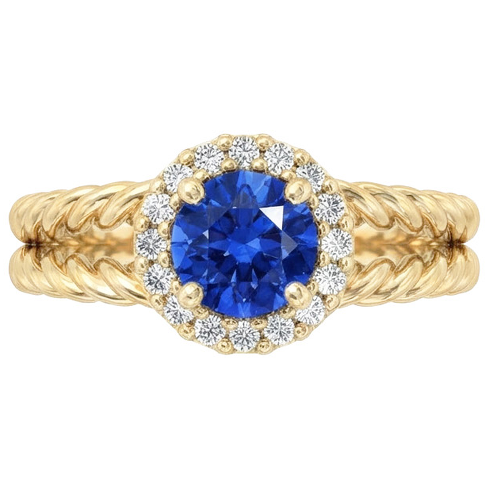 Anello Fantasia con Zaffiro Rotondo E Diamanti Naturali Autentici ( non creati in laboratorio ) Oro Giallo 2 Carati 14K