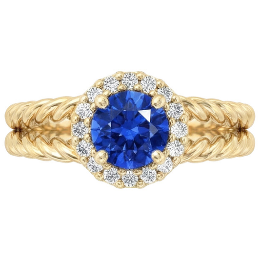 Anello Fantasia con Zaffiro Rotondo E Diamanti Naturali Autentici ( non creati in laboratorio ) Oro Giallo 2 Carati 14K