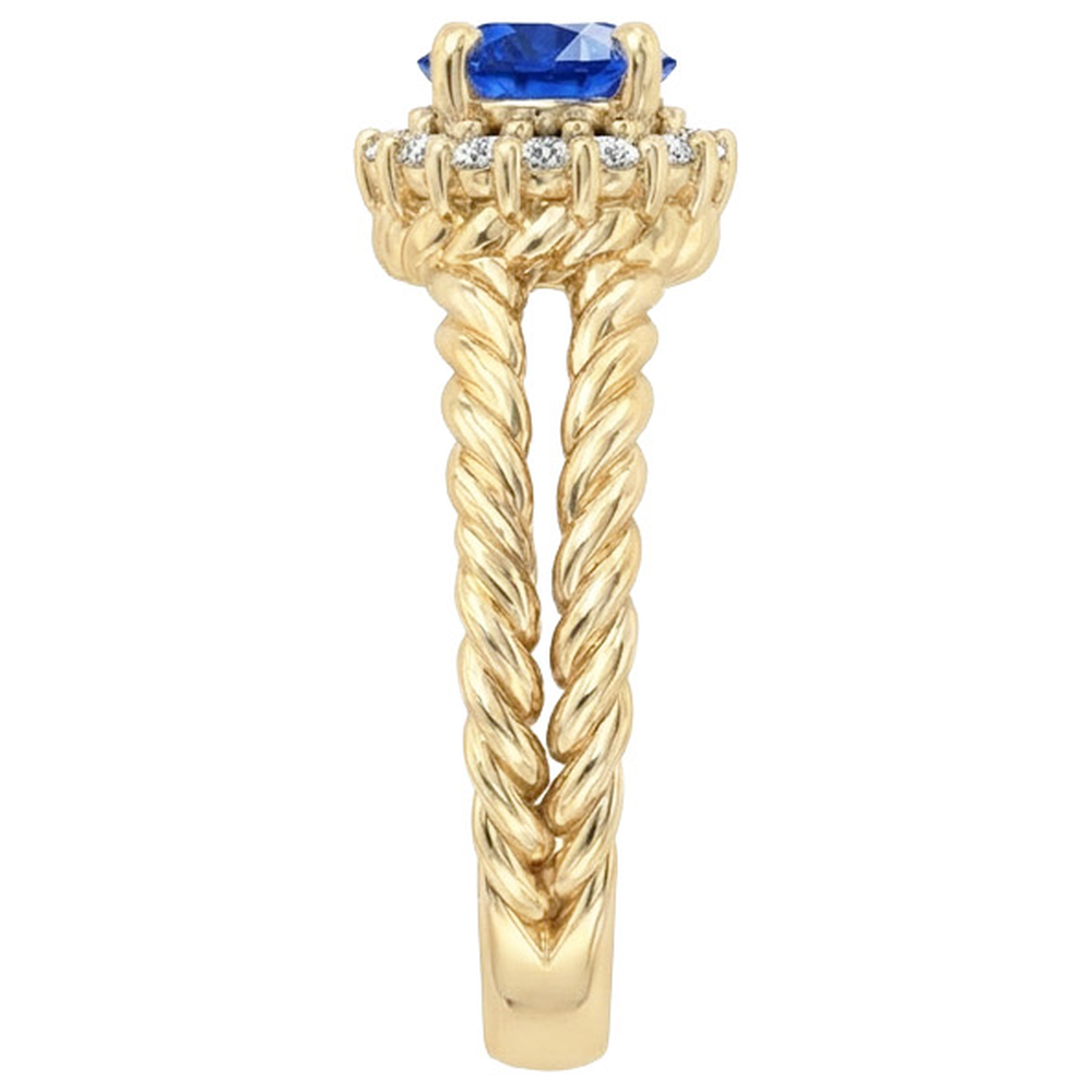 Anello Fantasia con Zaffiro Rotondo E Diamanti Naturali Autentici ( non creati in laboratorio ) Oro Giallo 2 Carati 14K