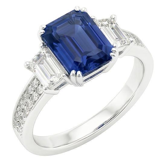 Anello Gemma Smeraldo Zaffiro 4.50 Carati Trapezio & Diamanti Naturali Autentici ( non creati in laboratorio ) Rotondi