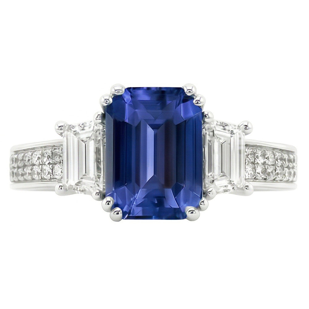 Anello Gemma Smeraldo Zaffiro 4.50 Carati Trapezio & Diamanti Naturali Autentici ( non creati in laboratorio ) Rotondi